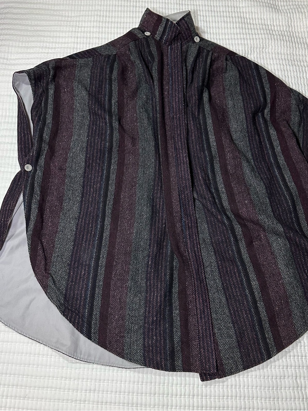 Vintage Reversible Wool Hemp Cape Poncho Herringbone Striped High Neck
